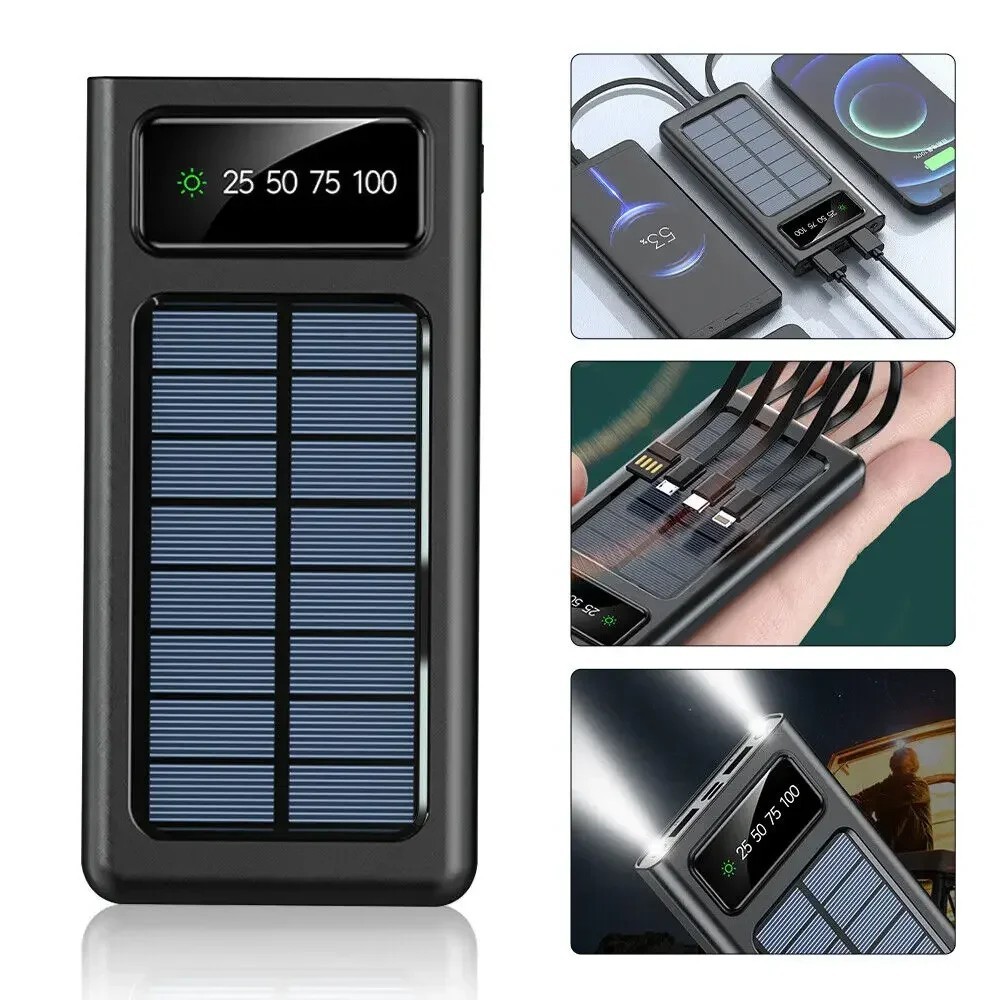 200000mAh Solar Power Bank 4-USB Cable Portable Charger Ultra-Large Capacity Mob