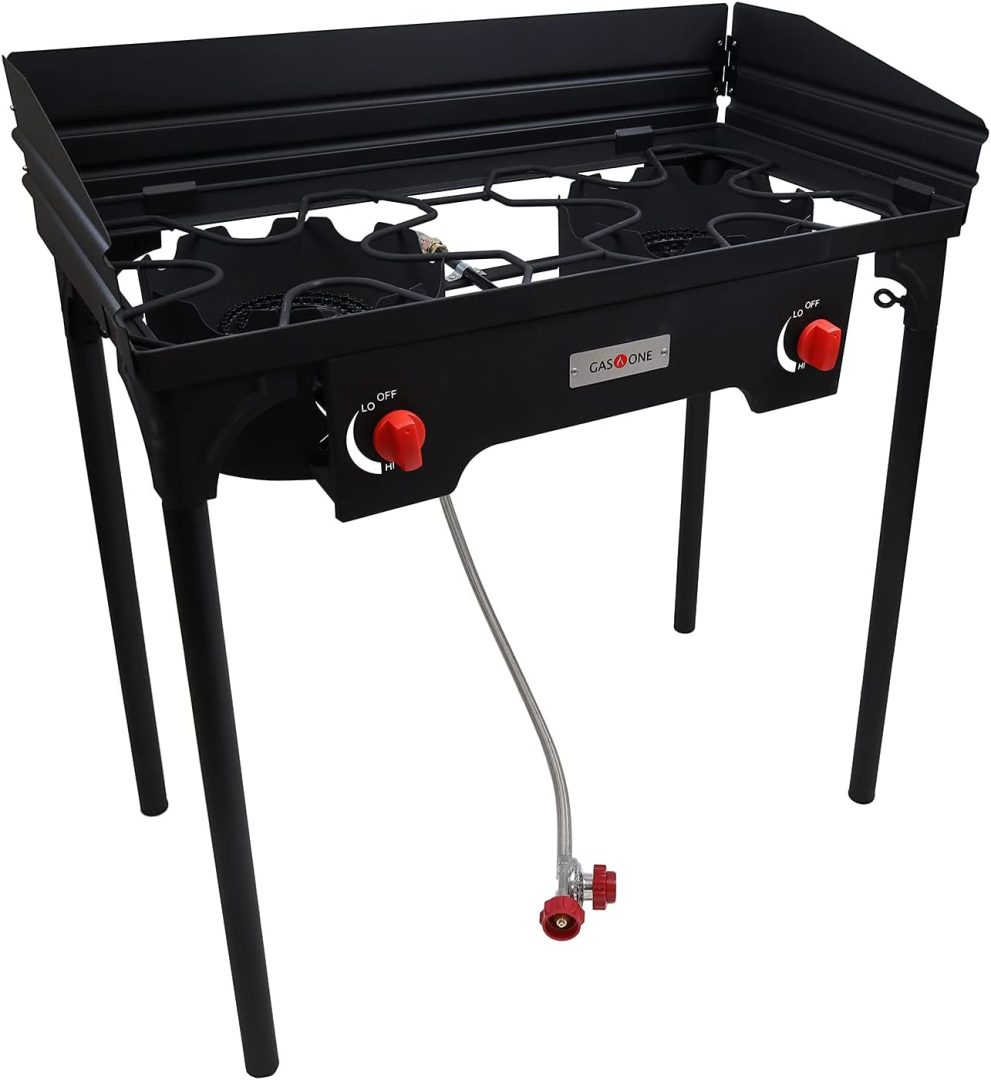 Gas One Propane Double Burner Camp Stove with Windscreen Adjustable