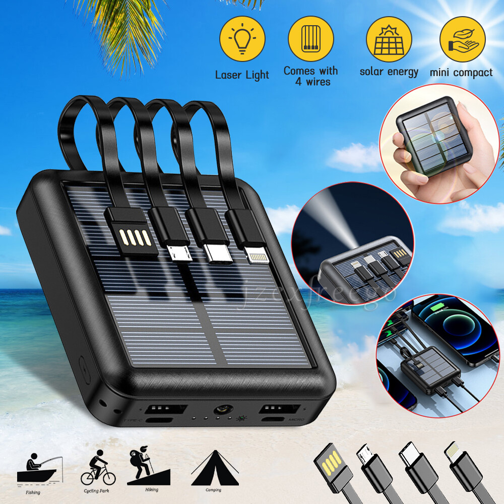 20000mAh Mini Solar Power Bank Portable Charger w/4 Cables External Battery Pack