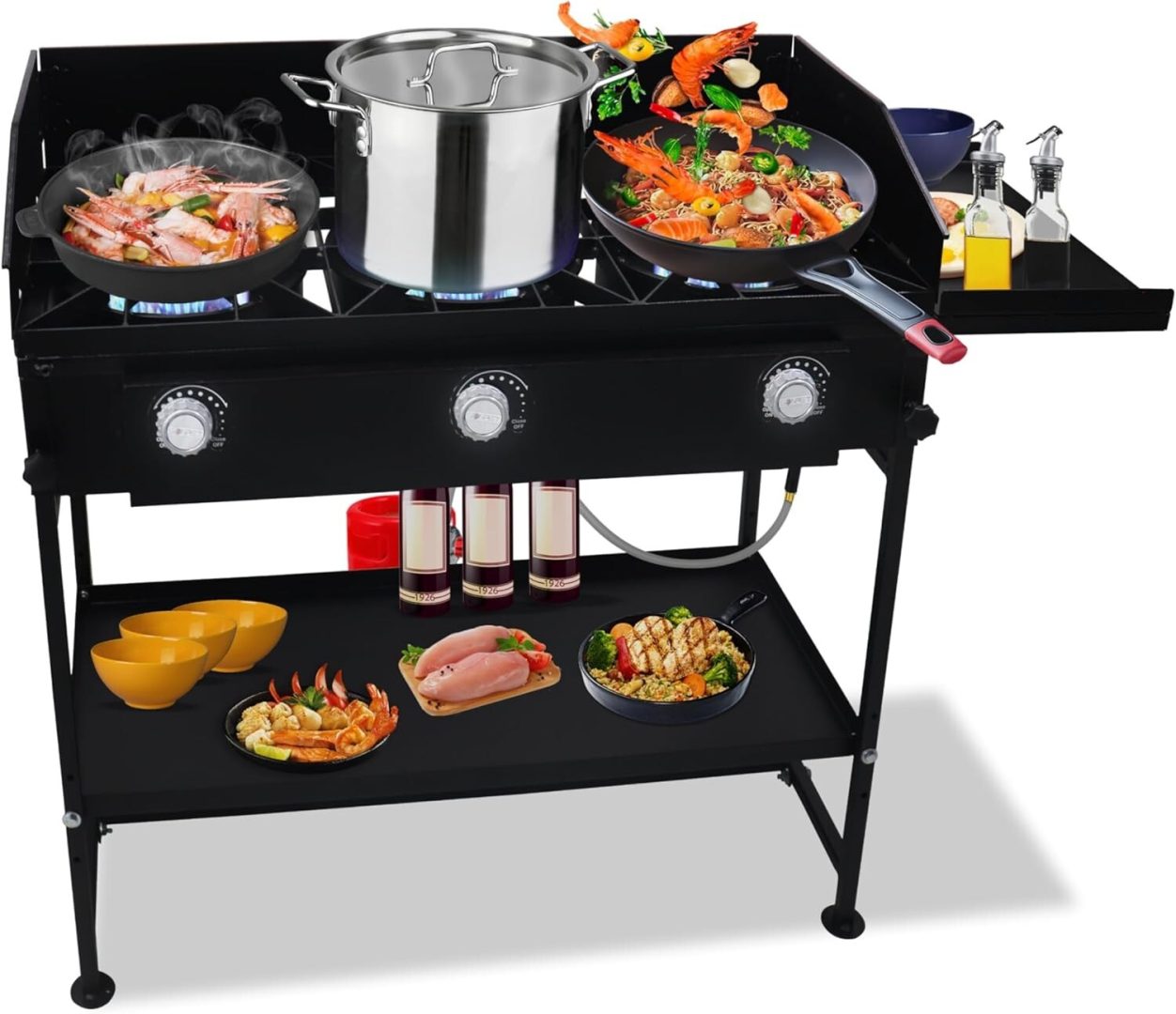 Three Burner Propane Camping Stove – with Side & Bottom Shelf and Wind Panel