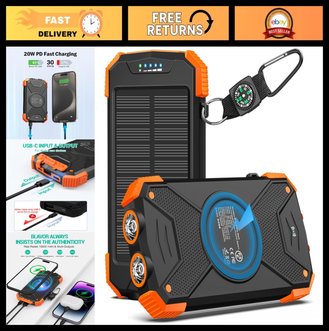 10,000mAh Solar Power Bank, Portable Wireless Charger, 20W Fast Charging, USB C,