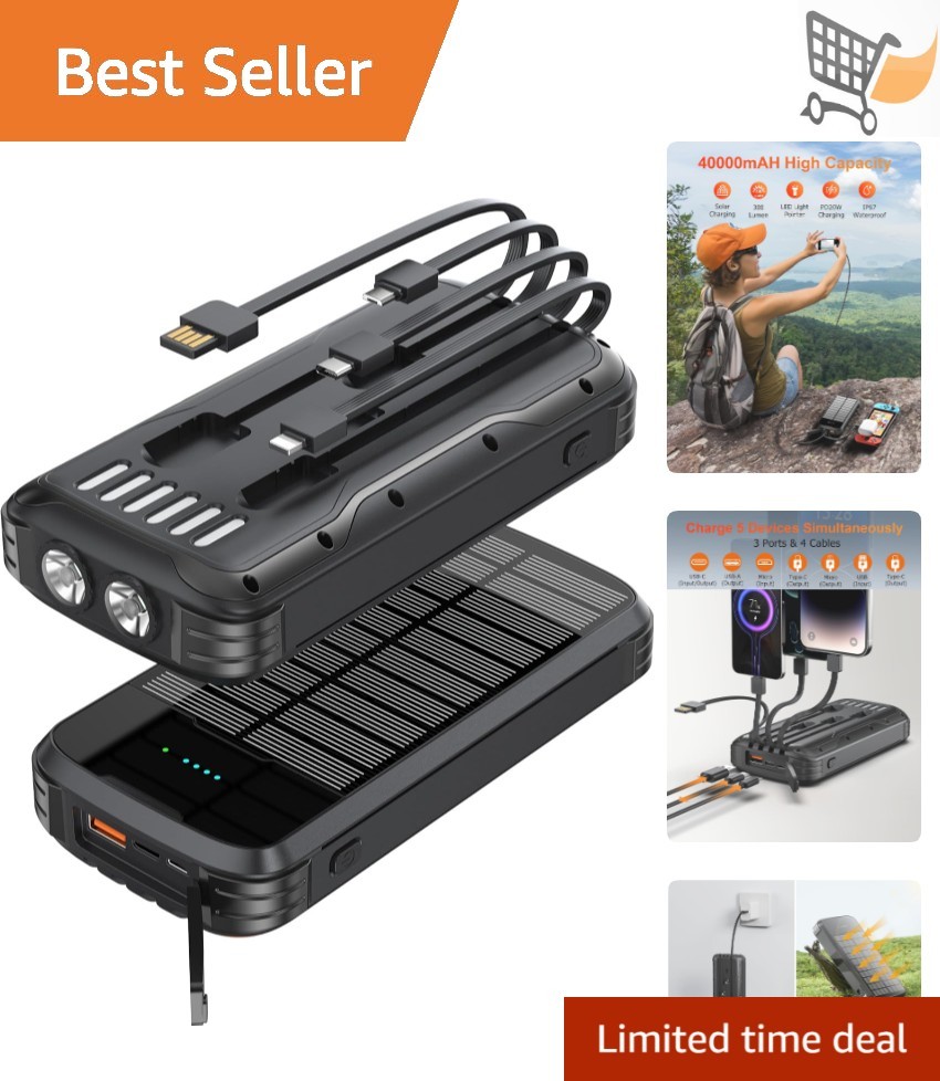 Solar Power Bank 40000mAh Portable Charger Fast Charging Waterproof Emergency