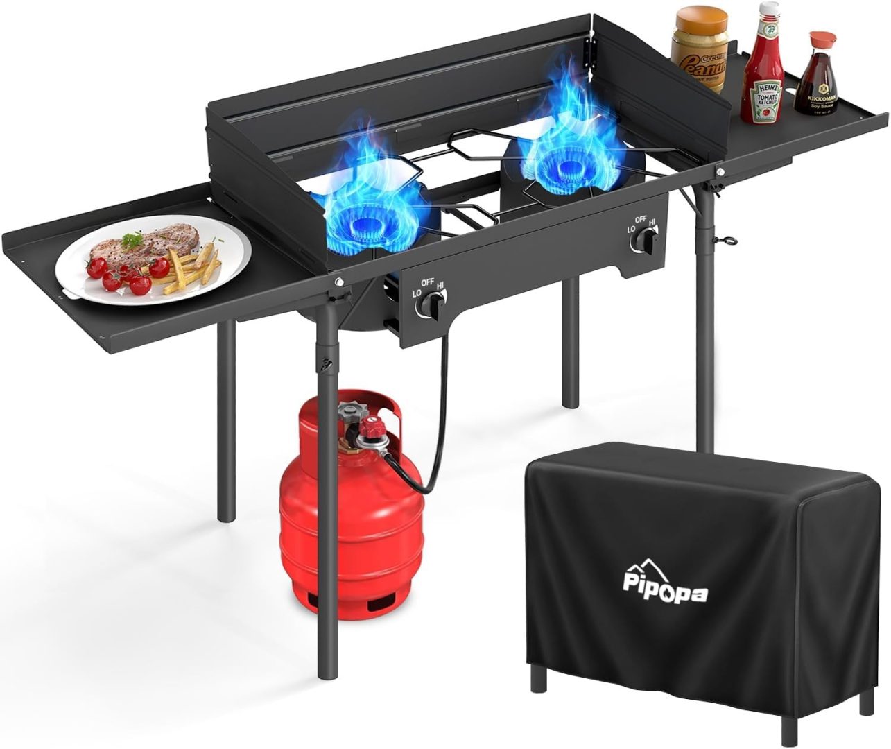 2 Burner Propane Camp Stove 150,000 BTU Gas Burners Side Shelves Windscreen