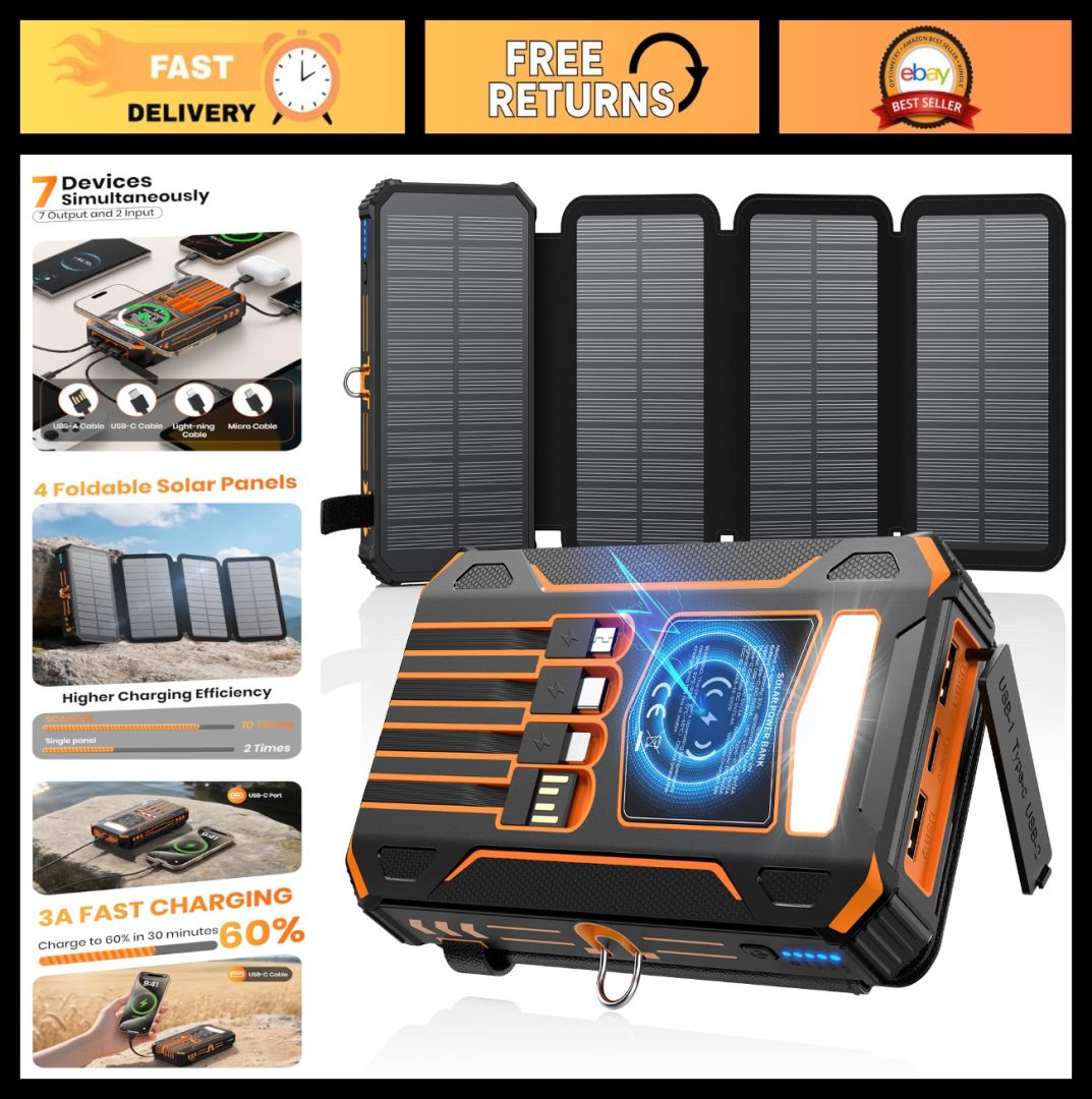 48000mAh Solar Power Bank – Wireless Portable Charger with 4 Cables & Panels, Fa