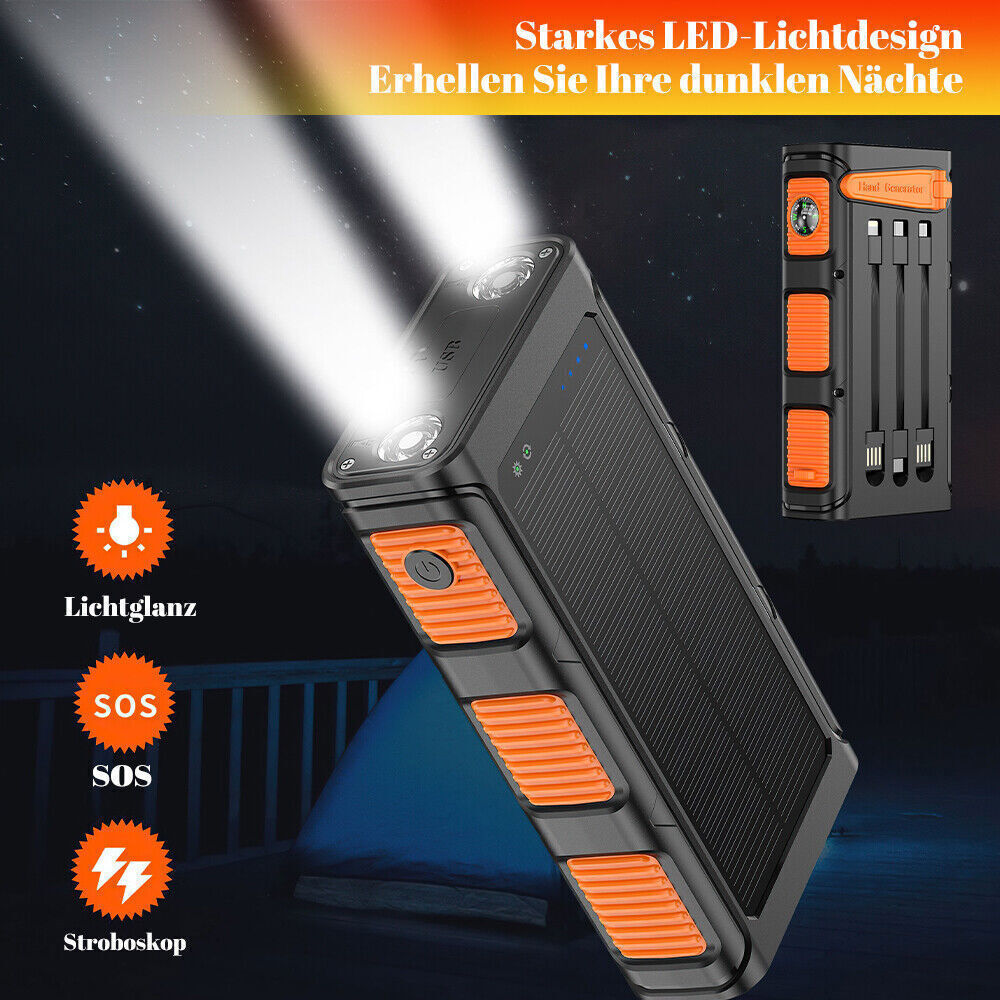30000mAh PD20W Hand Crank Solar Power Bank Charger Built in Cables Fast Charging