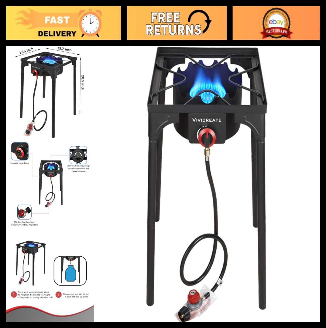30000 BTU Propane Gas Stove Outdoor Single Burner, Adjustable Height, 20PSI Regu