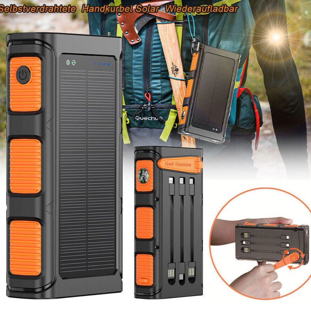 30000mAh Hand Crank PD20W Solar Power Bank Charger Built in Cables Fast Charging