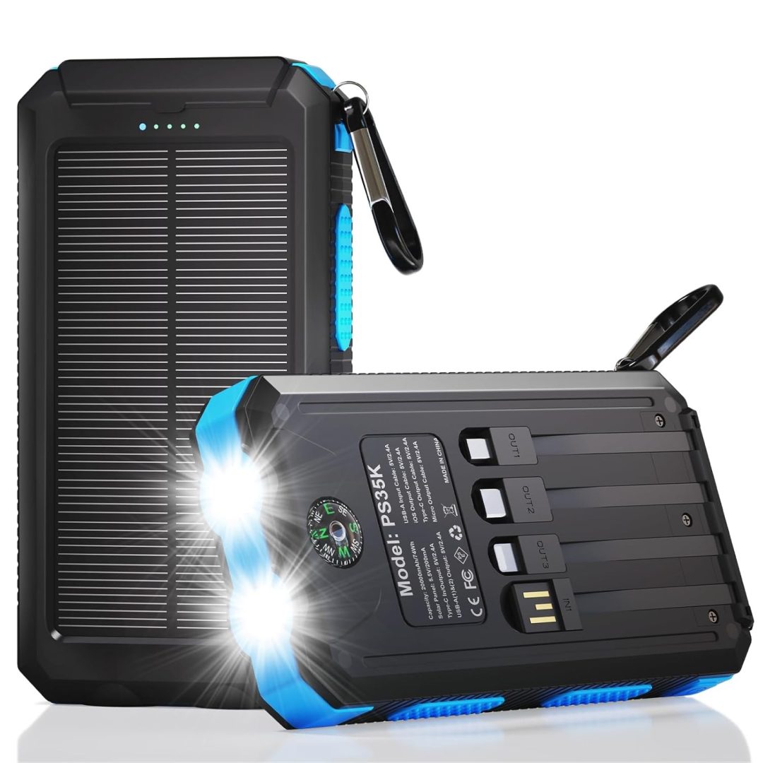 20,000mAh Solar Power Bank Charger 3 Ports Portable Power Bank with 4 Cables
