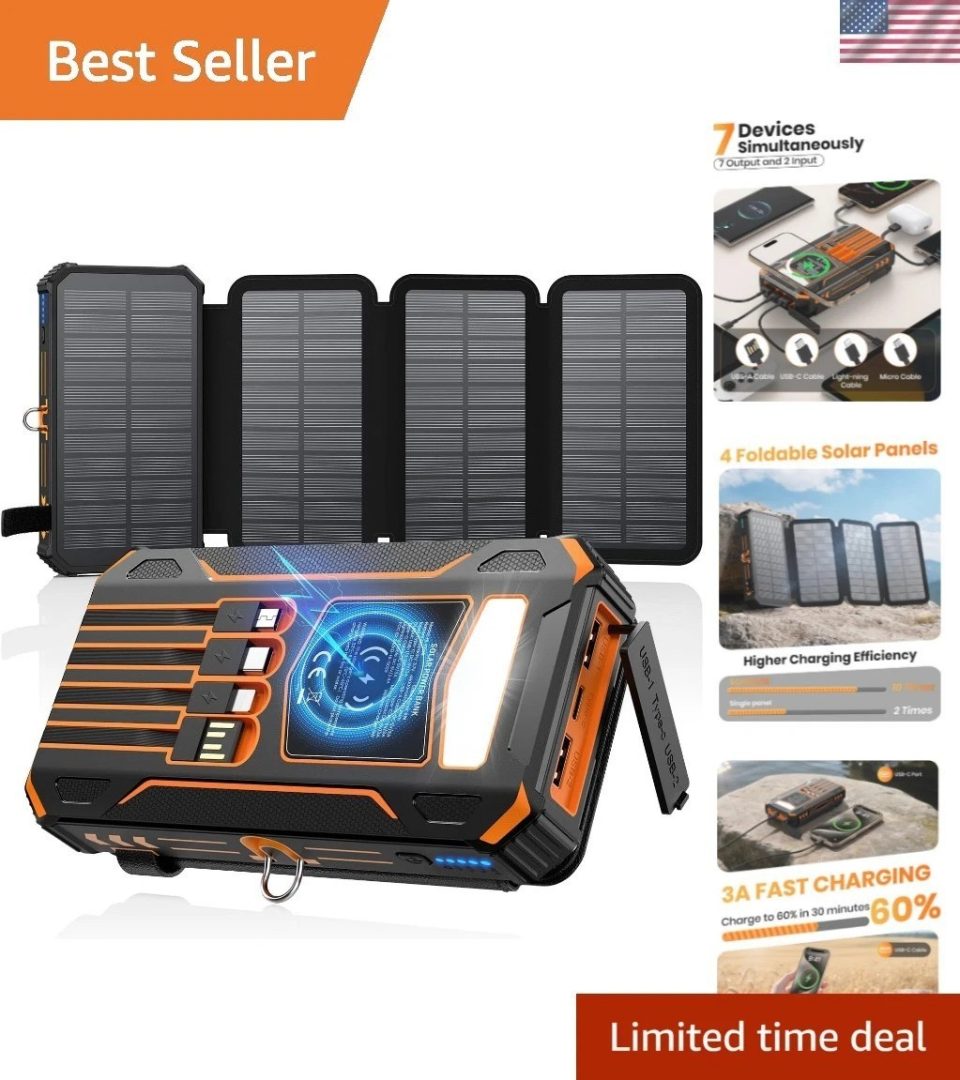 48000mAh Solar Charger Power Bank with 4 Panels & Wireless Charging – Waterproof
