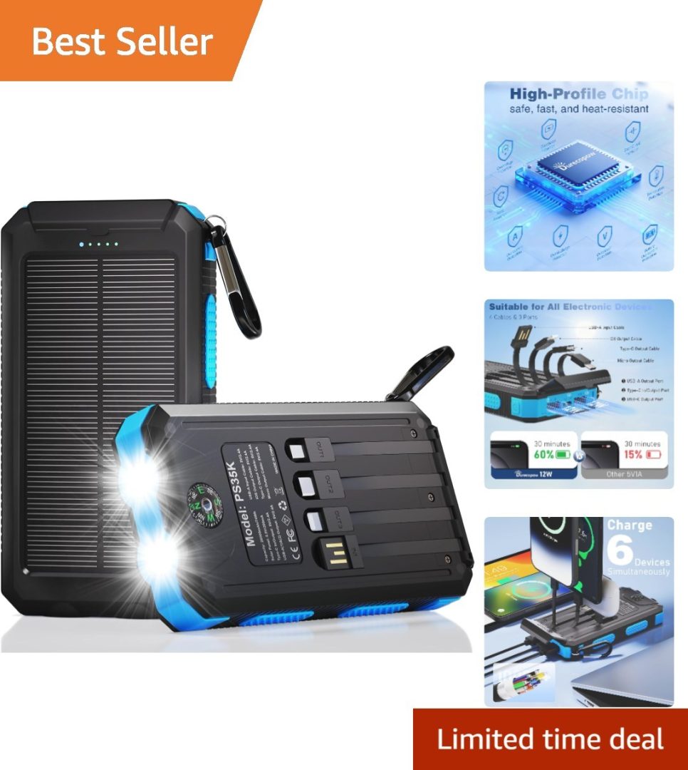 20,000mAh Solar Power Bank: Fast Charging with 4 Cables & Dual Flashlights