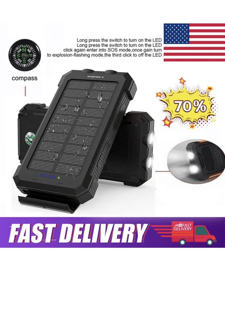 200000mAh Portable External Solar Power Bank 2USB LED Battery Charger For Phone